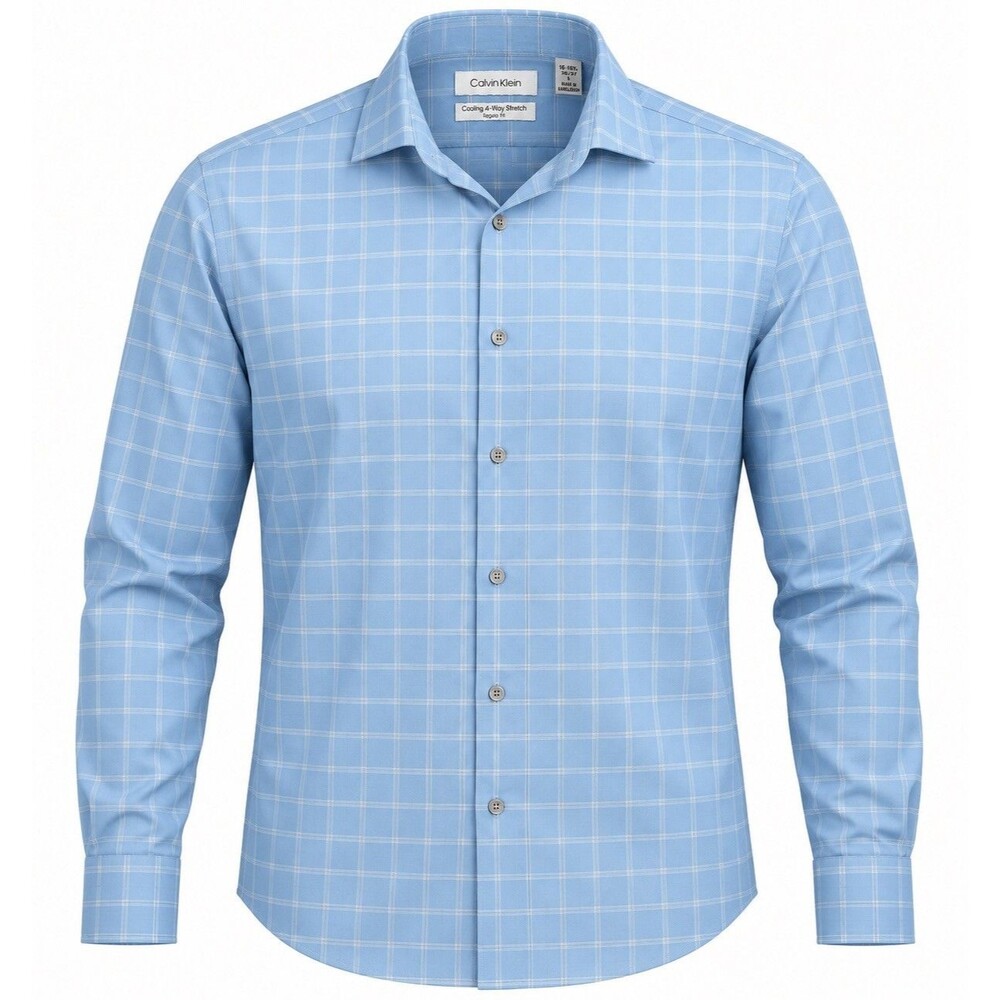 Calvin Klein Men’s Blue Plaid Long Sleeve Button Down Shirt Cooling 4Way Stretch